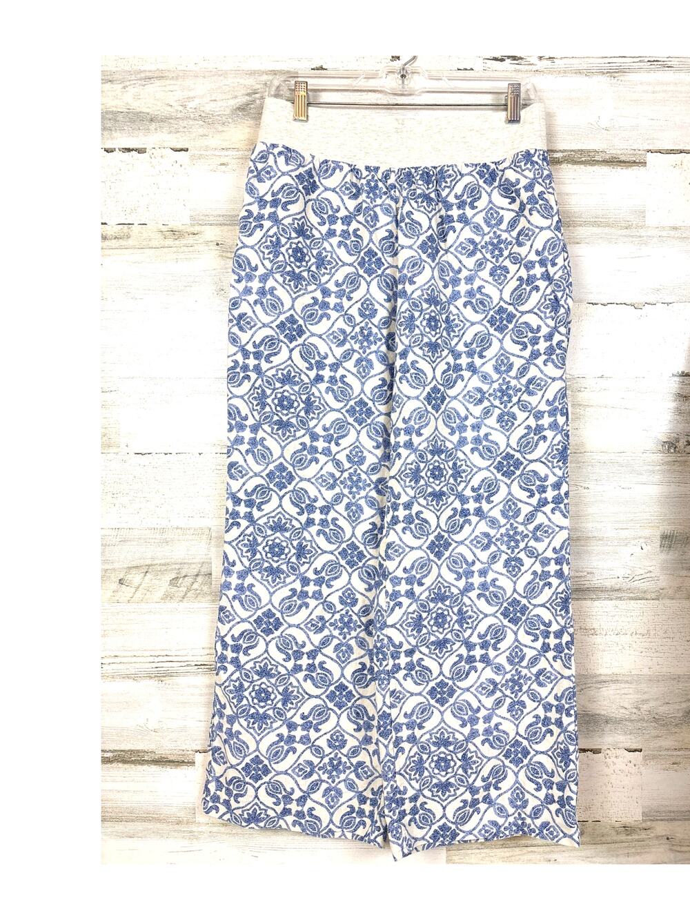 Soft Surroundings Womens M Petite Blue Aliso Point Linen Wide Leg Pants Boho